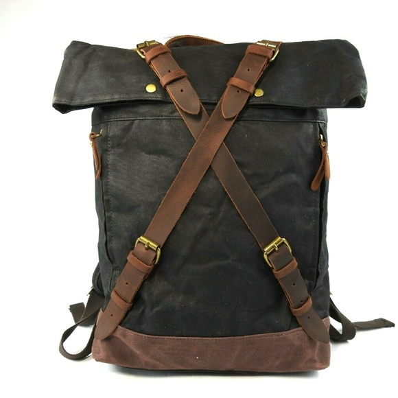 Waxed Canvas With Leather Trim Roll Top Backpack - Picture 7 of 8